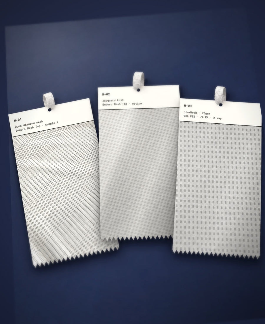 Three mesh fabric hangers on a table: open diamond mesh, jacquard knit and FlowMesh