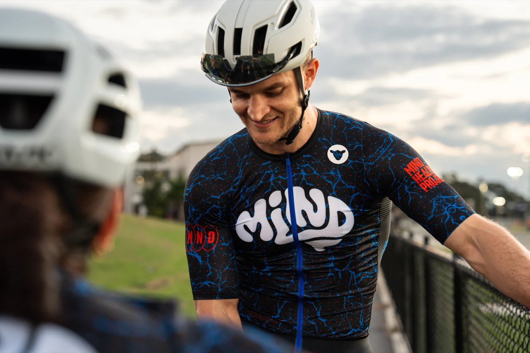 A Mind Health Project rider in conversation before a ride
